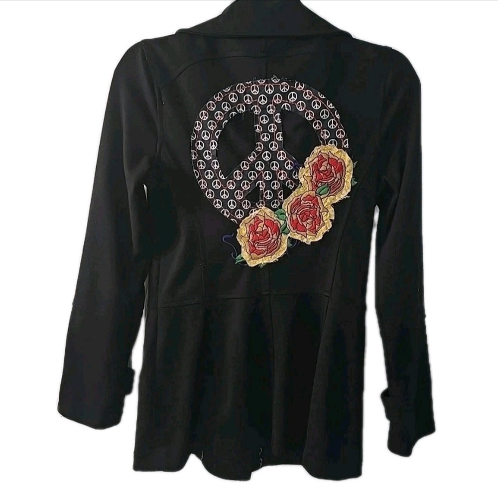 Ivy Jane Black Double Breasted Peace Roses Womens Pea Coat Jacket Size Medium - Picture 3 of 7